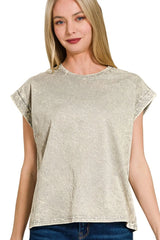 Zenana Crinkle Washed Round Neck Folded Short Sleeve Tee SLEET OutfitFlow