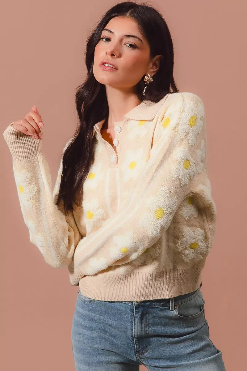 SO ME Floral Stripe Polo Collar Sweater OutfitFlow
