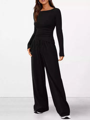 Long Sleeve Top and Wide Leg Pants Set OutfitFlow