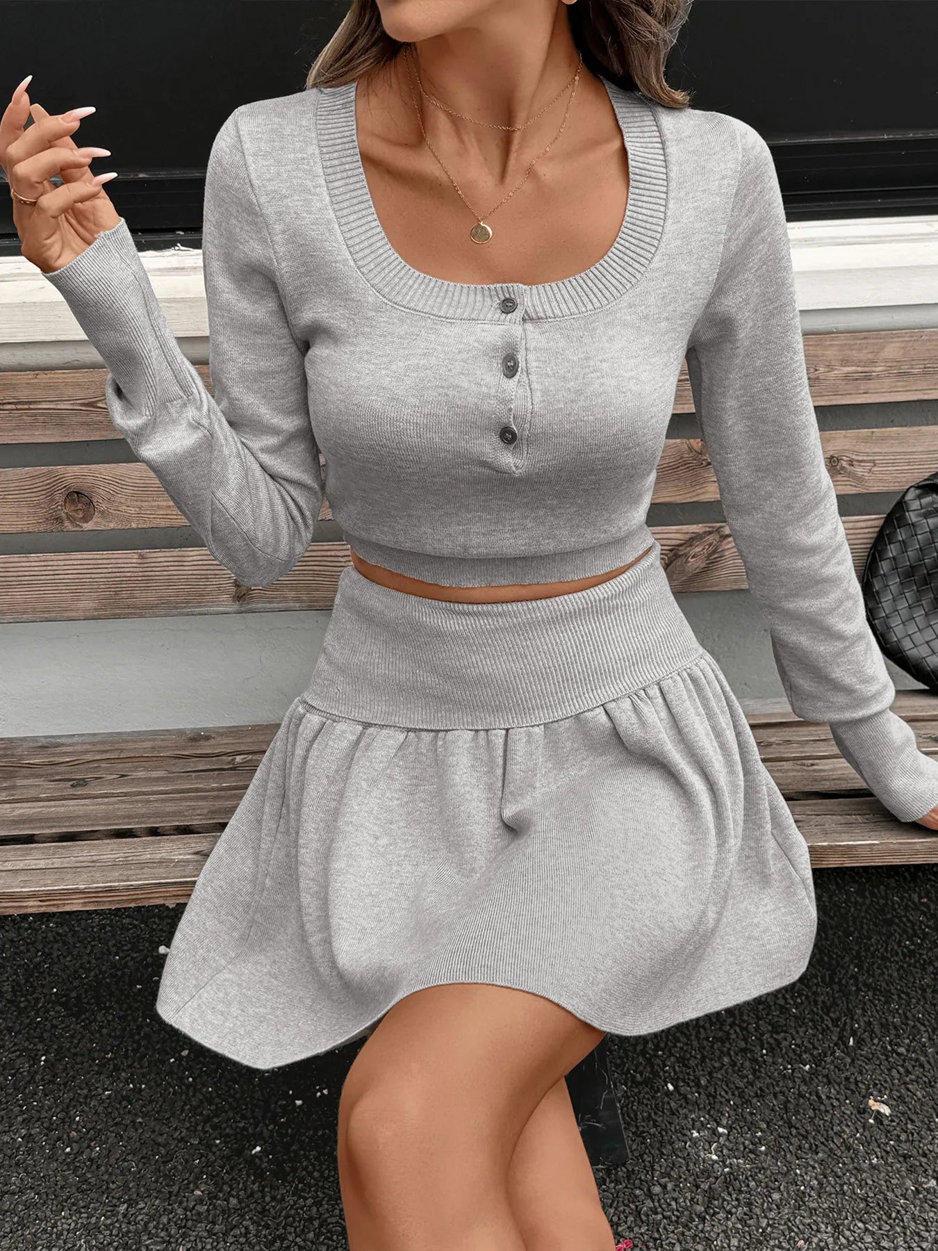 Ribbed Long Sleeve Top and Skirt Knit Set OutfitFlow