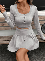 Ribbed Long Sleeve Top and Skirt Knit Set OutfitFlow