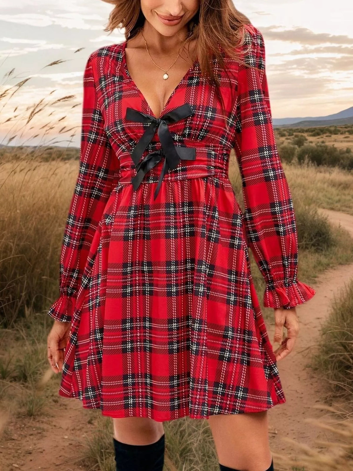 Plaid V-Neck Tie Front Mini Dress Red OutfitFlow