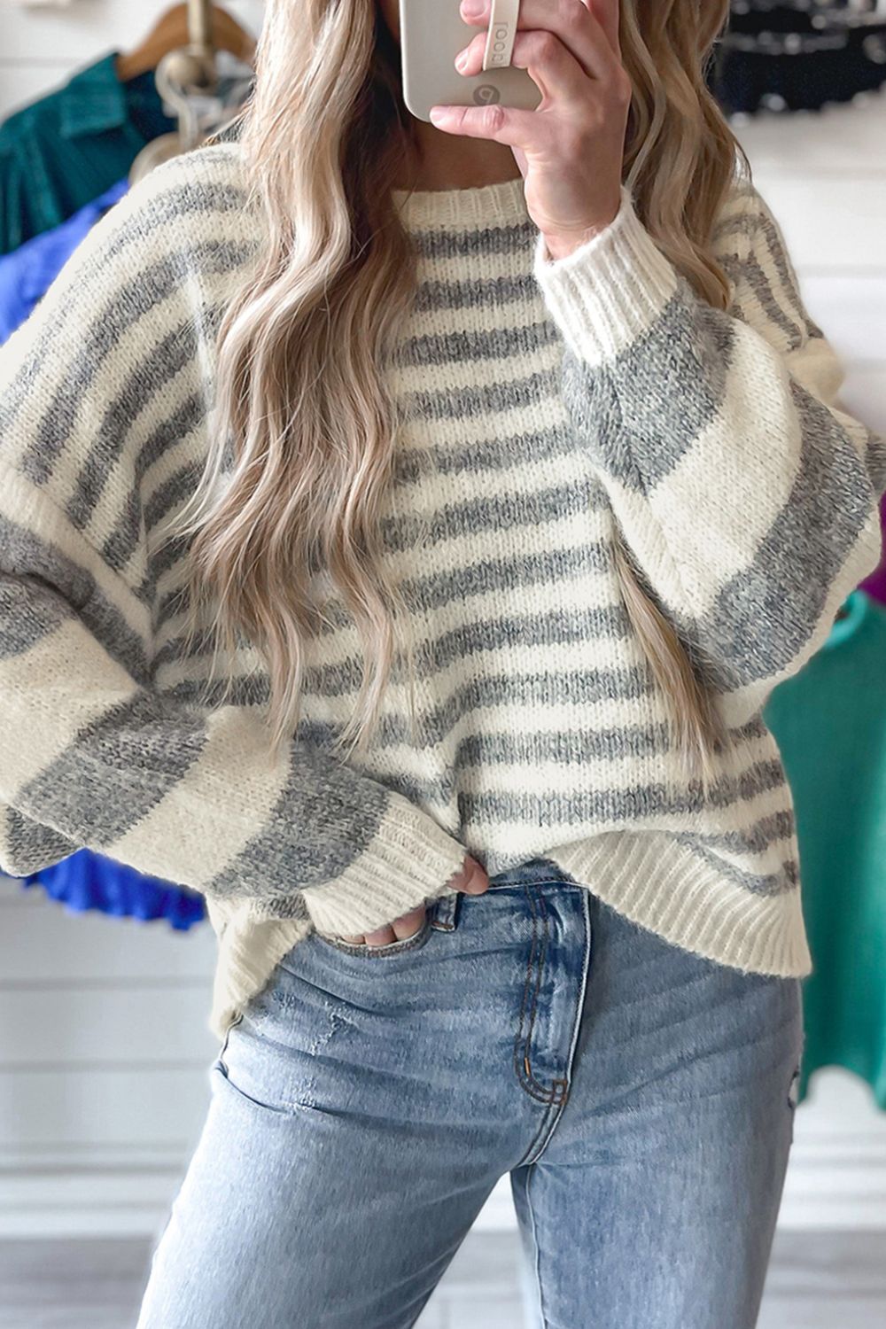 Outfit Flow - Striped Round Neck Dropped Shoulder Sweater