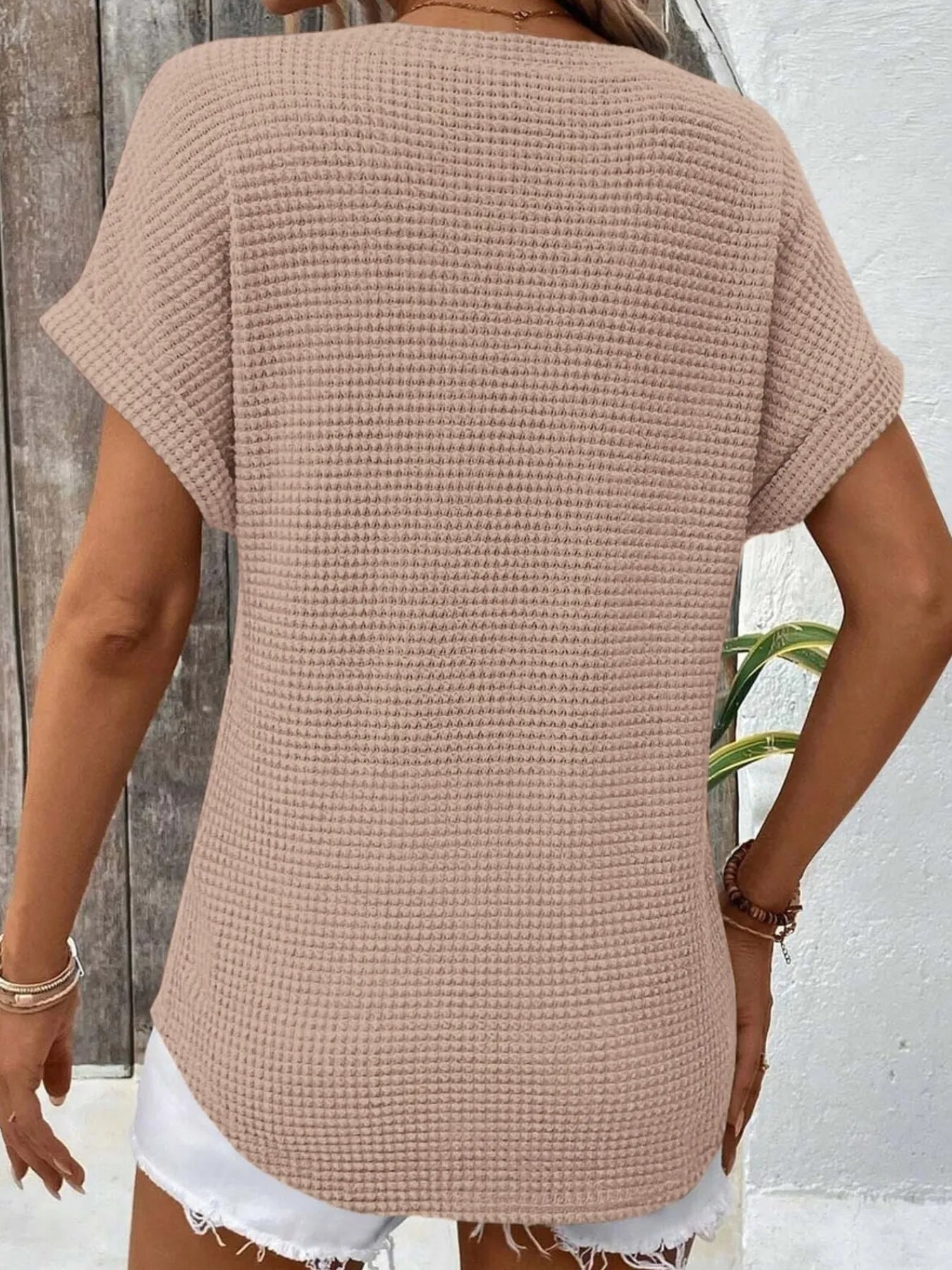 Waffle Knit V-Neck Casual T-Shirt OutfitFlow