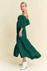 Davi & Dani Swiss Dotted Ruched Ruffle Open Back Midi Dress OutfitFlow