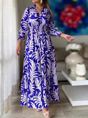 Printed Flounce Sleeve Maxi Dress Royal Blue OutfitFlow