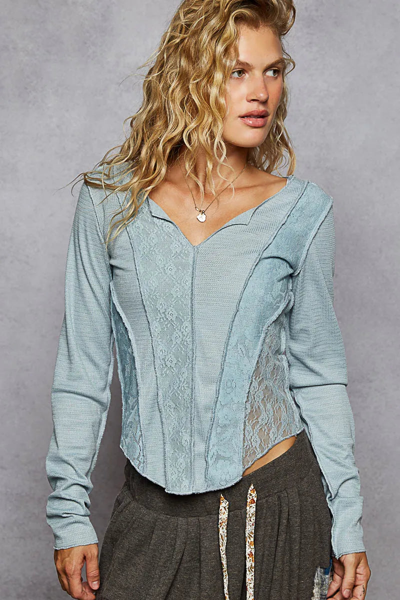 POL Lace Patchwork Long Sleeve T-Shirt Air Force Blue OutfitFlow