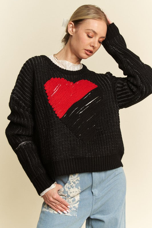 Outfit Flow - Davi & Dani Contrast Heart Dropped Shoulder Sweater