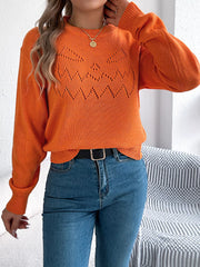 Openwork Round Neck Long Sleeve Sweater OutfitFlow