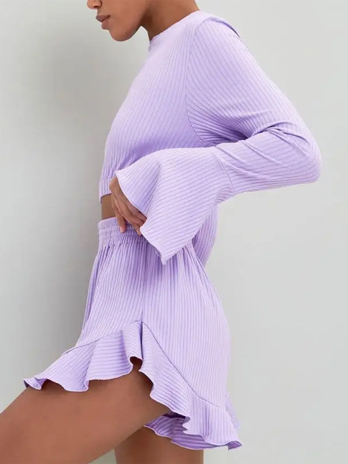 Outfit Flow - Round Neck Long Sleeve Top and Ruffled Shorts Set