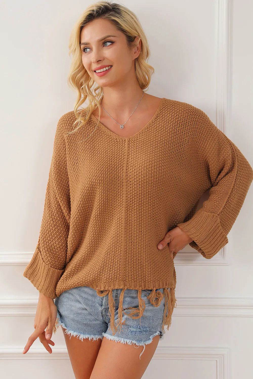 Fringe V-Neck Long Sleeve Sweater OutfitFlow