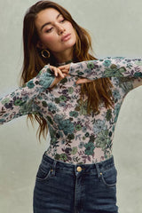 SO ME Floral Print Mesh Knit Long Sleeves Top OutfitFlow