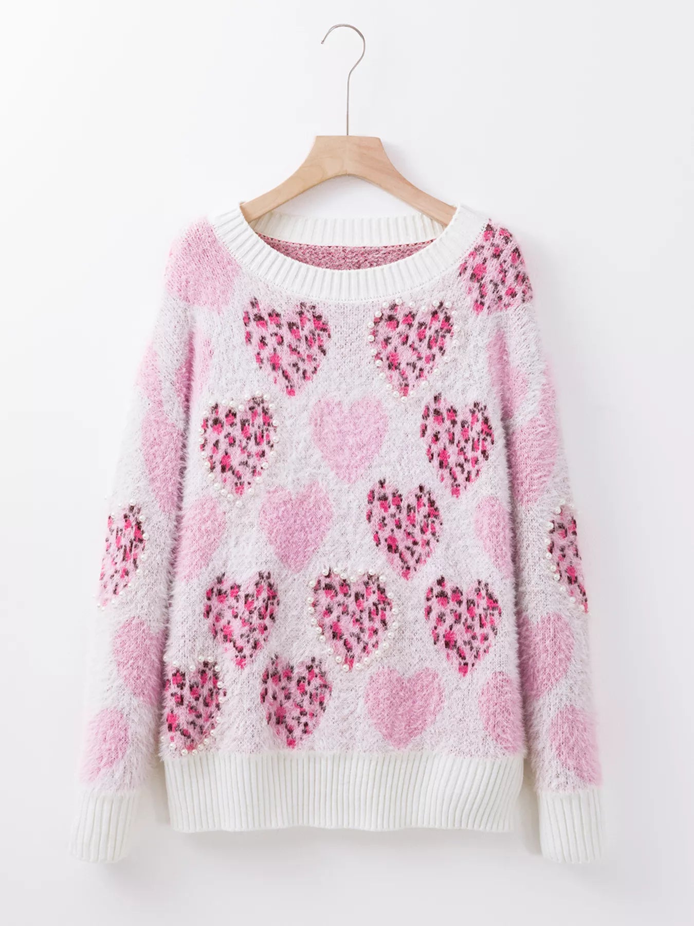 Heart Leopard Pearled Ribbed Trim Fuzzy Sweater OutfitFlow