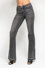 Judy Blue Full Size Mid Rise Tummy Control Washed Gray Release Hem Flare Jeans Plus Size OutfitFlow