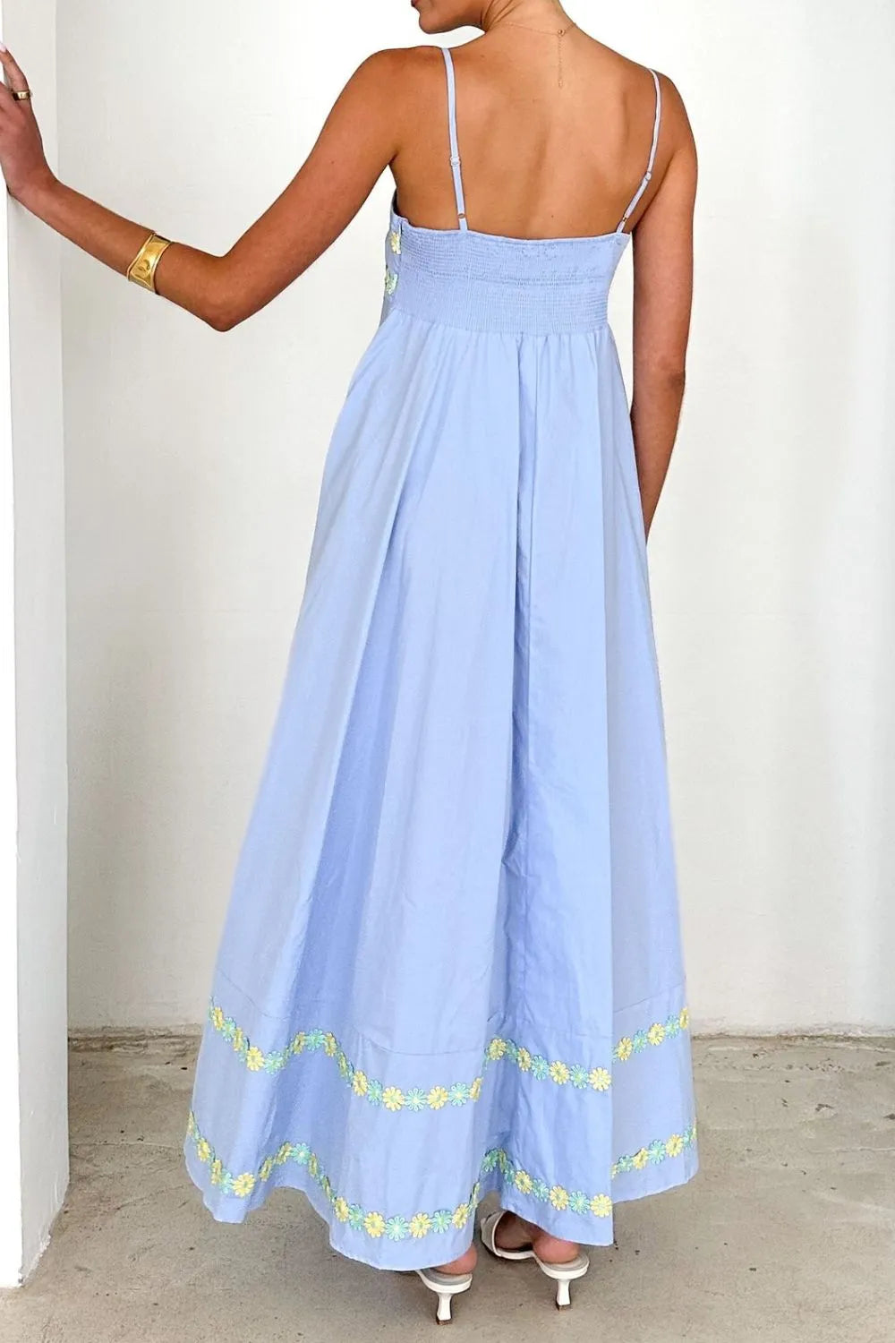 Floral Embroidered Spaghetti Strap Maxi Dress OutfitFlow