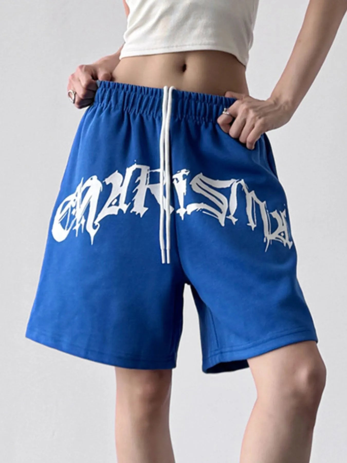 Oversized Drawstring Letter Shorts OutfitFlow