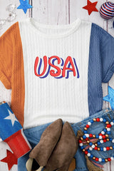 USA Embroidered Cable Textured Knit Cuffed Sleeve Color Block Tee OutfitFlow