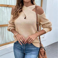 Crisscross Cold-Shoulder Sweater Cream OutfitFlow