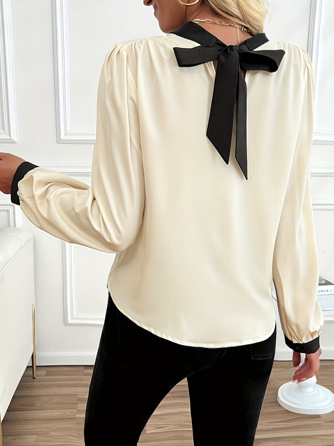 Bow Contrast Mock Neck Long Sleeve Blouse