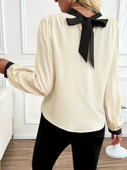 Bow Contrast Mock Neck Long Sleeve Blouse