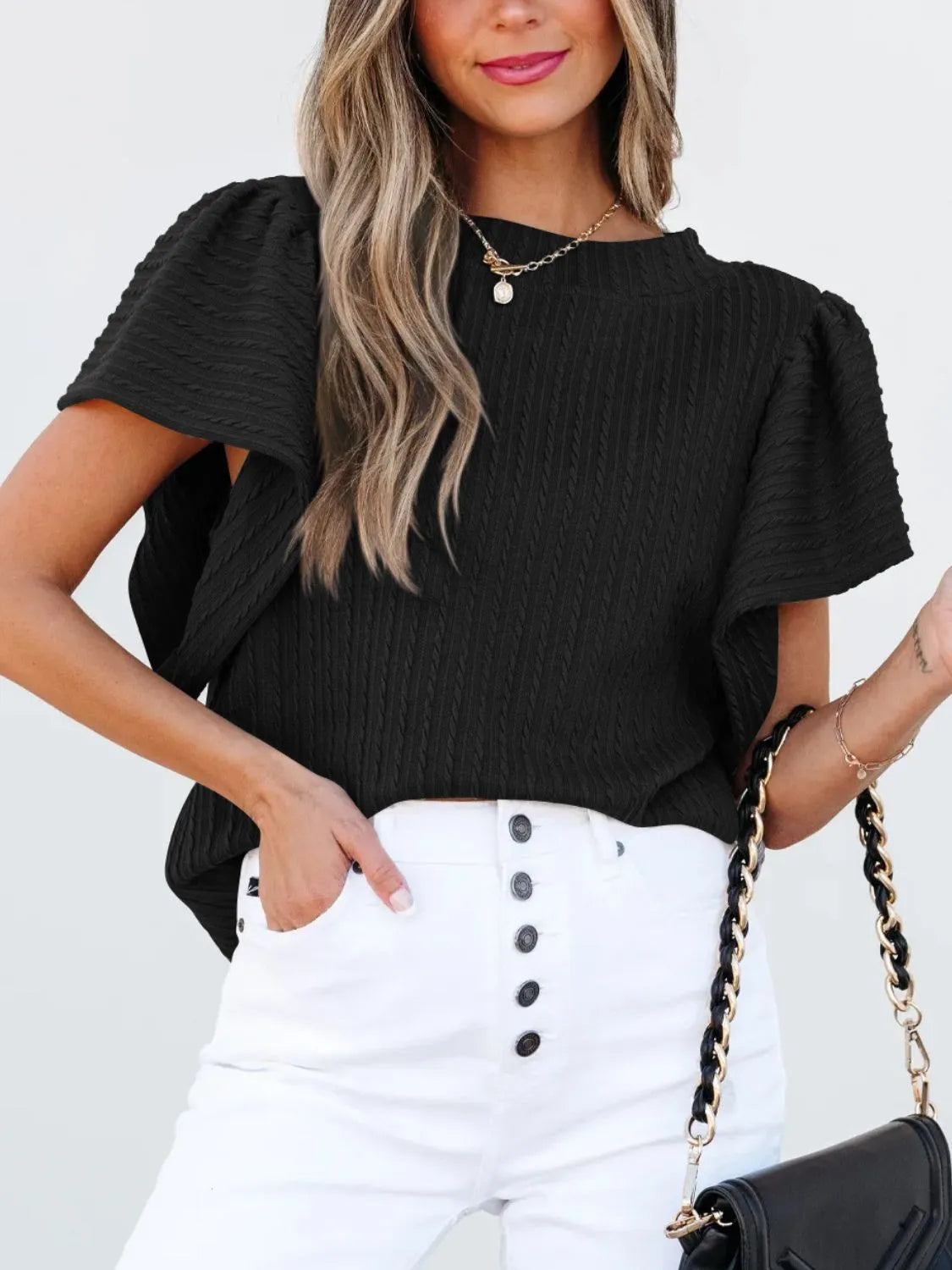 Round Neck Ruffle Sleeve Top OutfitFlow