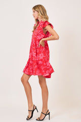 Umgee Full Size Two Tone Floral Print Ruffle Cap Sleeve Mini Dress Plus Size OutfitFlow