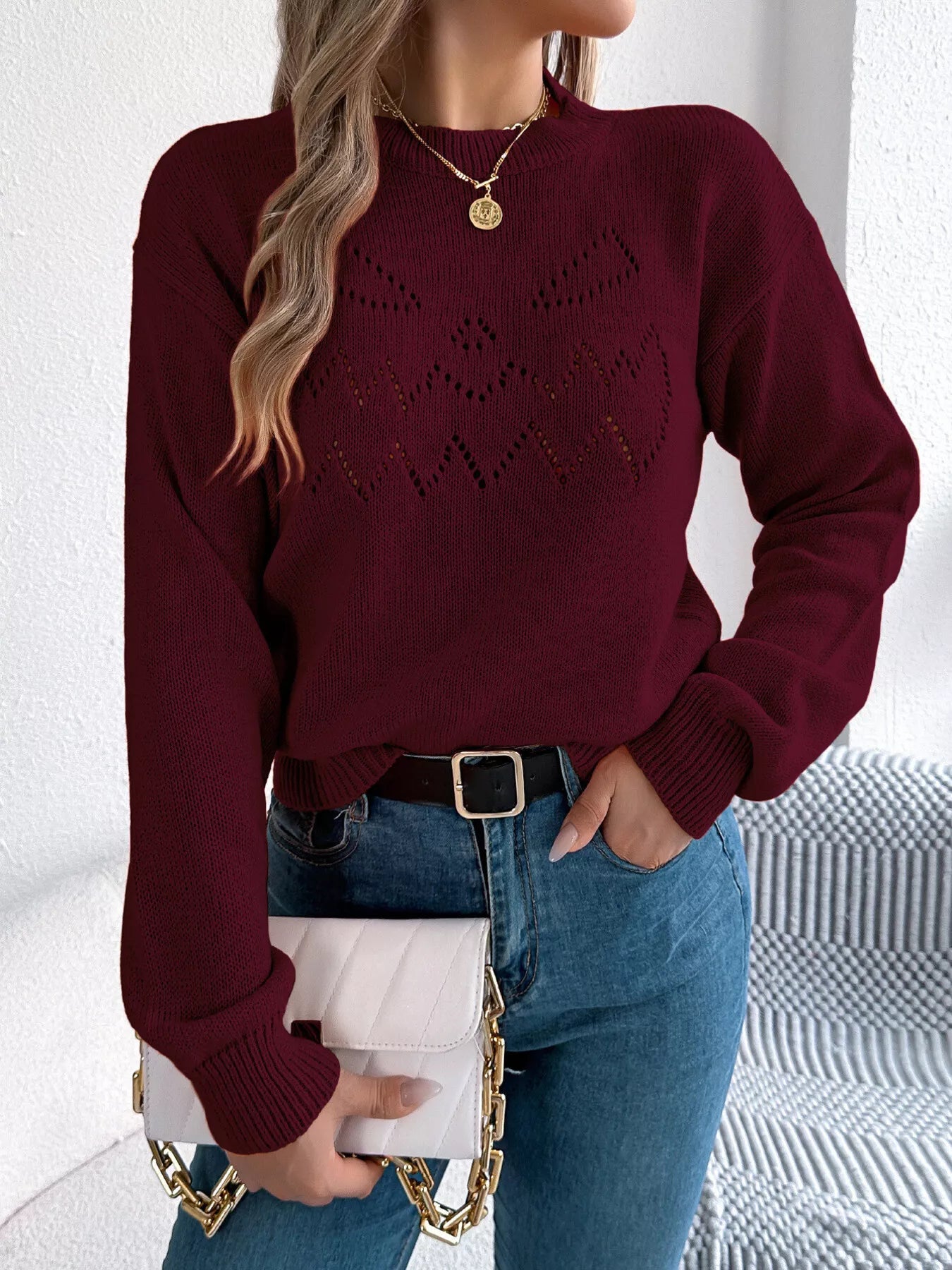 Openwork Round Neck Long Sleeve Sweater OutfitFlow