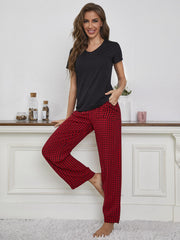 Outfit Flow - V-Neck Top and Gingham Pants Lounge Set