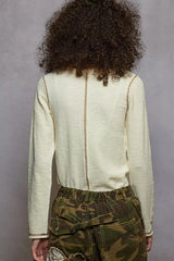 POL Round Neck Long Sleeve Contrast Stitching T-Shirt with Stud Detail OutfitFlow