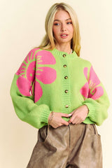 Davi & Dani Flower Contrast Round Neck Long Sleeve Cardigan