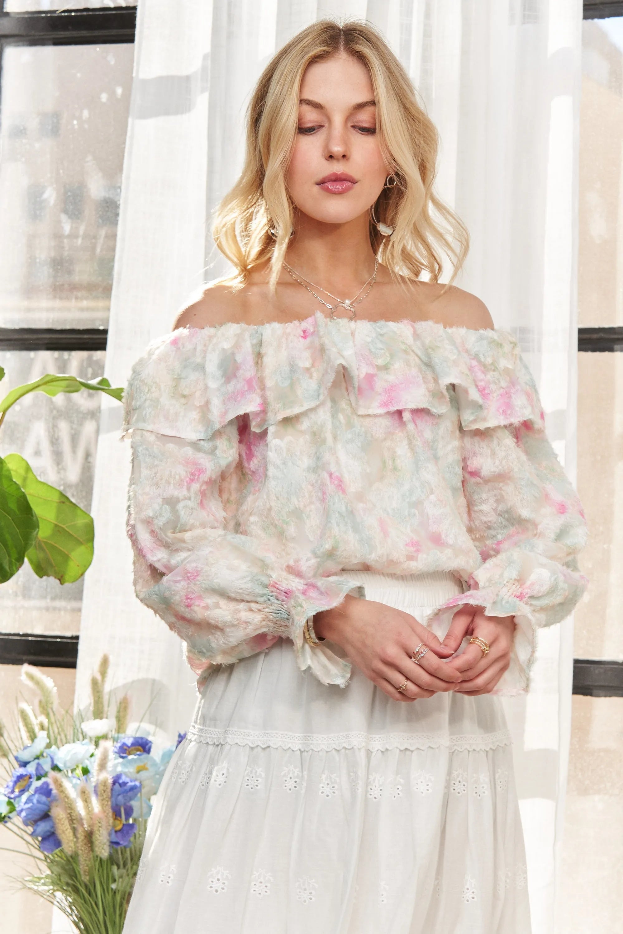 ADORA Ruffled Off Shoulder Floral Blouse OutfitFlow