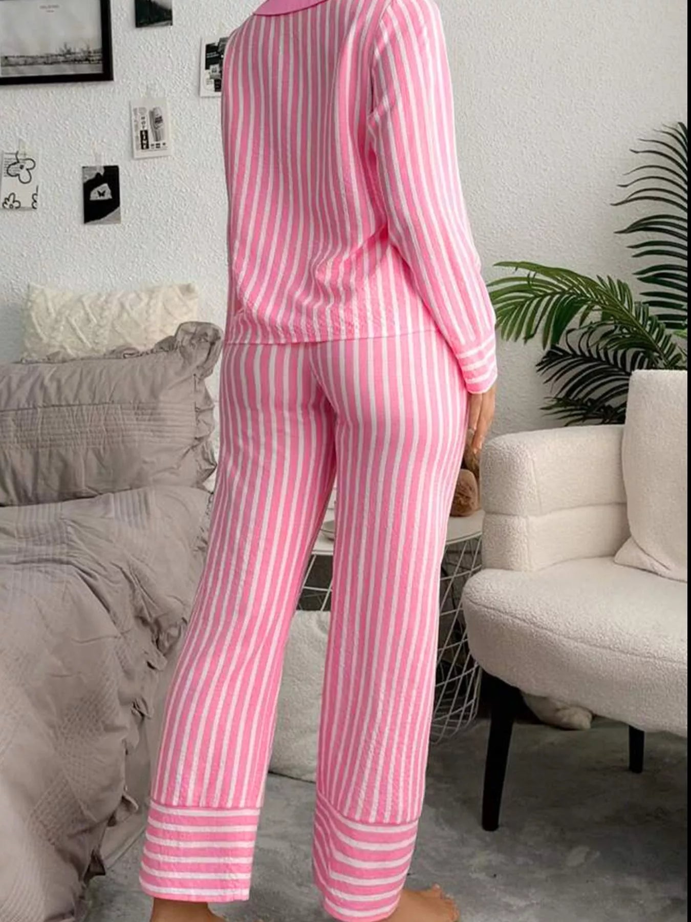 Stripe Buttoned Front Long Sleeve Top and Pants 2 Piece Sleepwear OutfitFlow