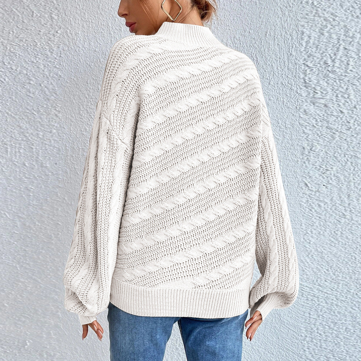 Cable-Knit Mock Neck Long Sleeve Sweater