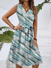 V-Neck Sleeveless Tie Waist Dress OutfitFlow