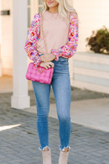 Printed Round Neck Flounce Sleeve Sweater