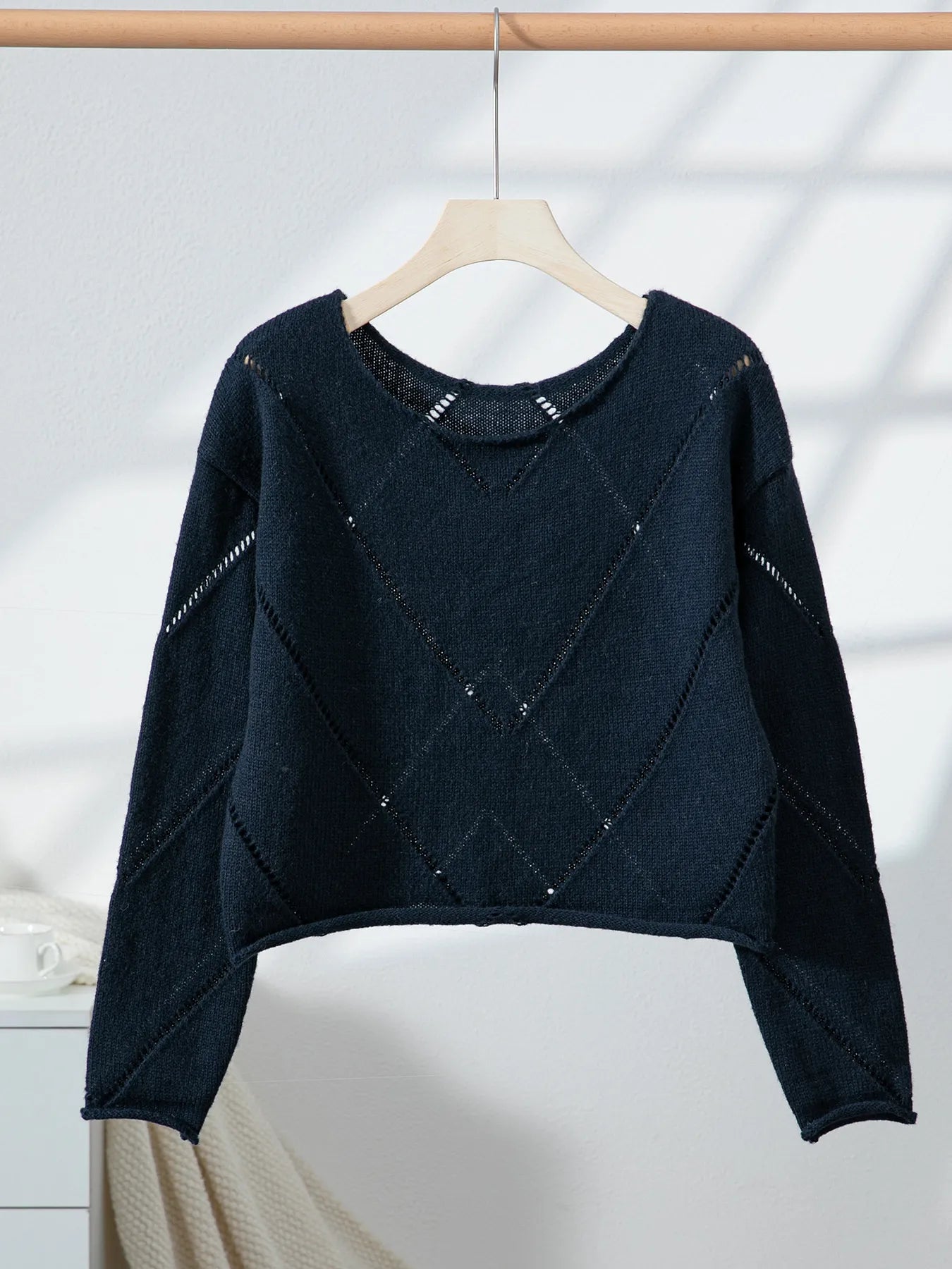 Openwork Boat Neck Long Sleeve Sweater OutfitFlow