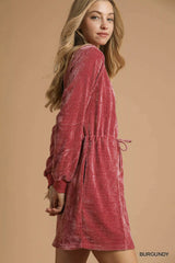 Umgee Velour Drawstring Mini Dress with Long Sleeves OutfitFlow