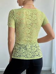 Floral Lace Square Neck T-Shirt OutfitFlow