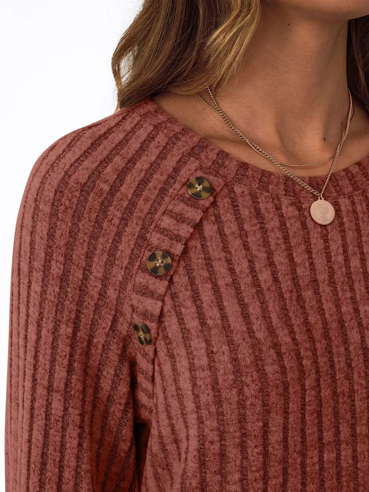 Ribbed Knit Decor Button Long Sleeve T-Shirt OutfitFlow