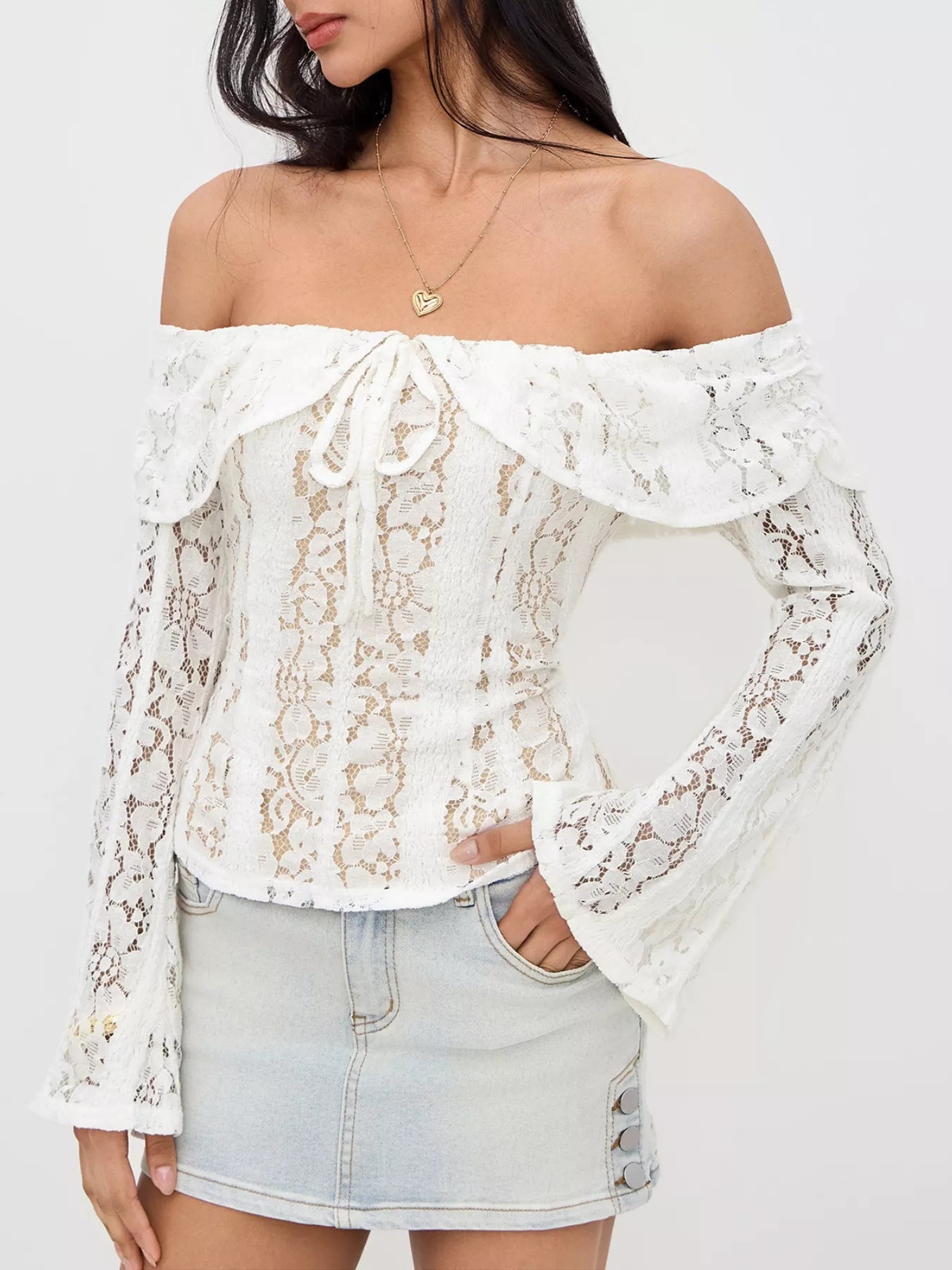 Off-Shoulder Lace Blouse White OutfitFlow