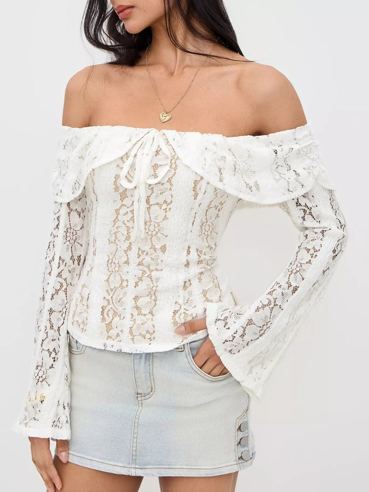 Off-Shoulder Lace Blouse White OutfitFlow