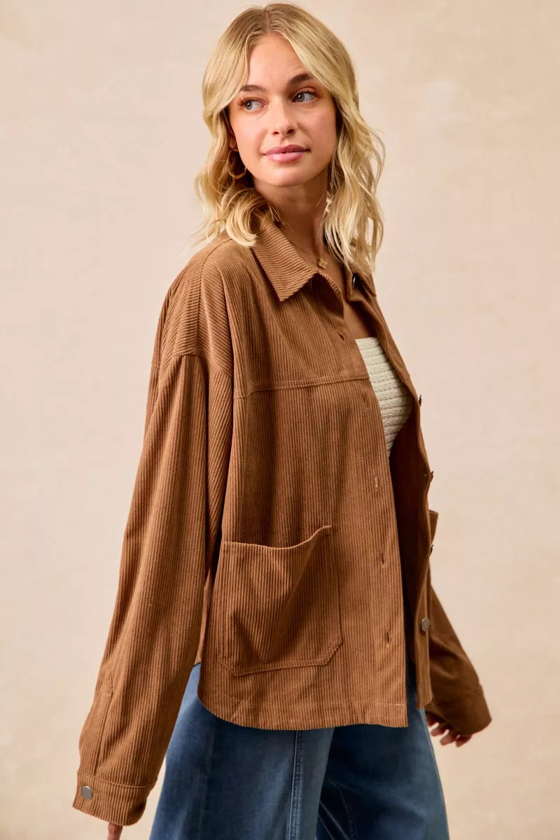 BiBi Corduroy Relaxed Fit Shacket with Back Pleat OutfitFlow