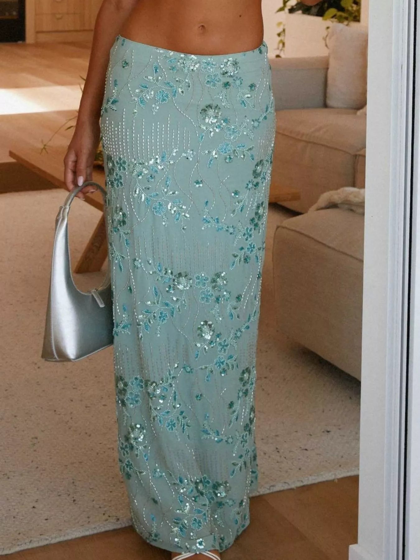 Embroidered Sequin Maxi Skirt OutfitFlow