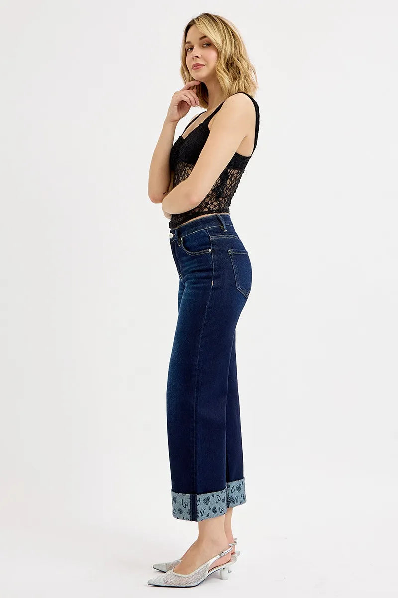 RISEN Full Size Mid Rise Fit Crop Wide With Printed Cuff Jeans Plus Size OutfitFlow