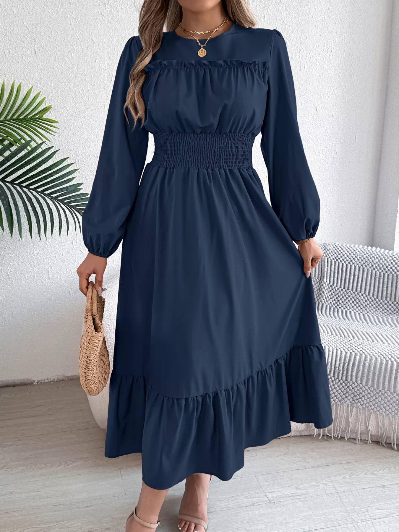 Round Neck Balloon Sleeve Tiered Dress OutfitFlow