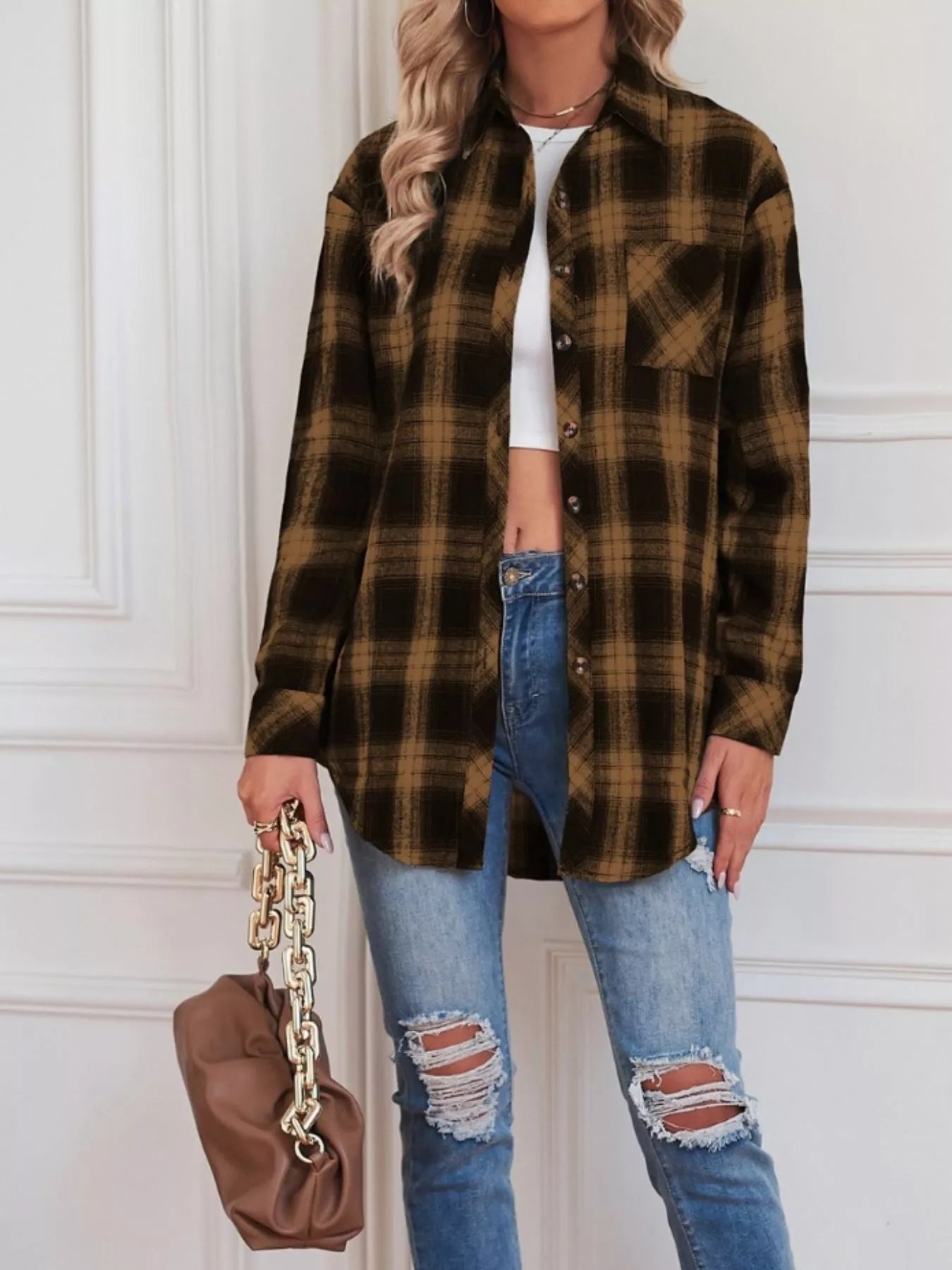 Casual Plaid Button Up Shirt Trendsi