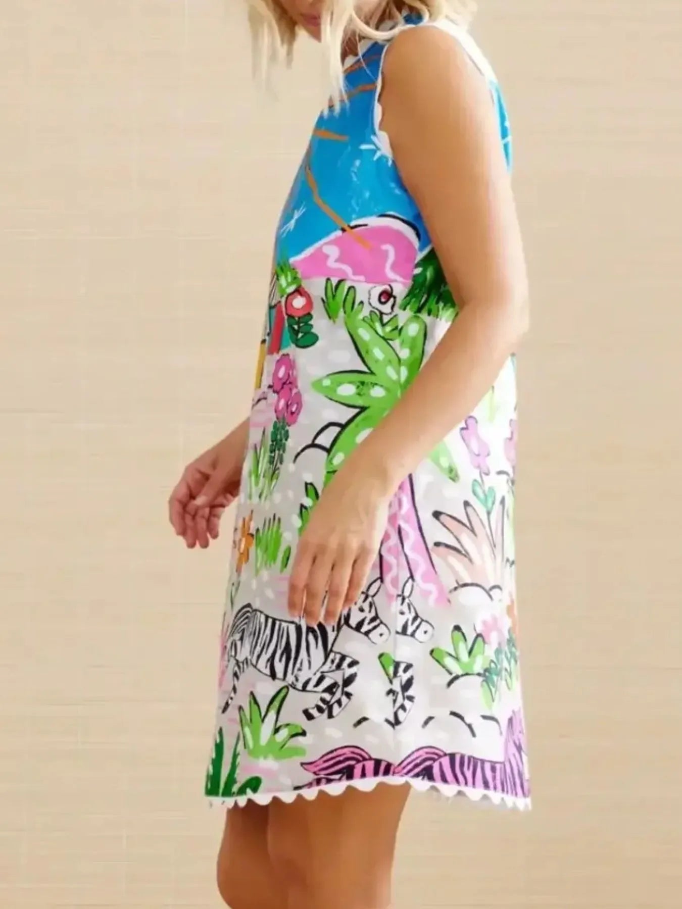 Printed Round Neck Sleeveless Mini Dress OutfitFlow