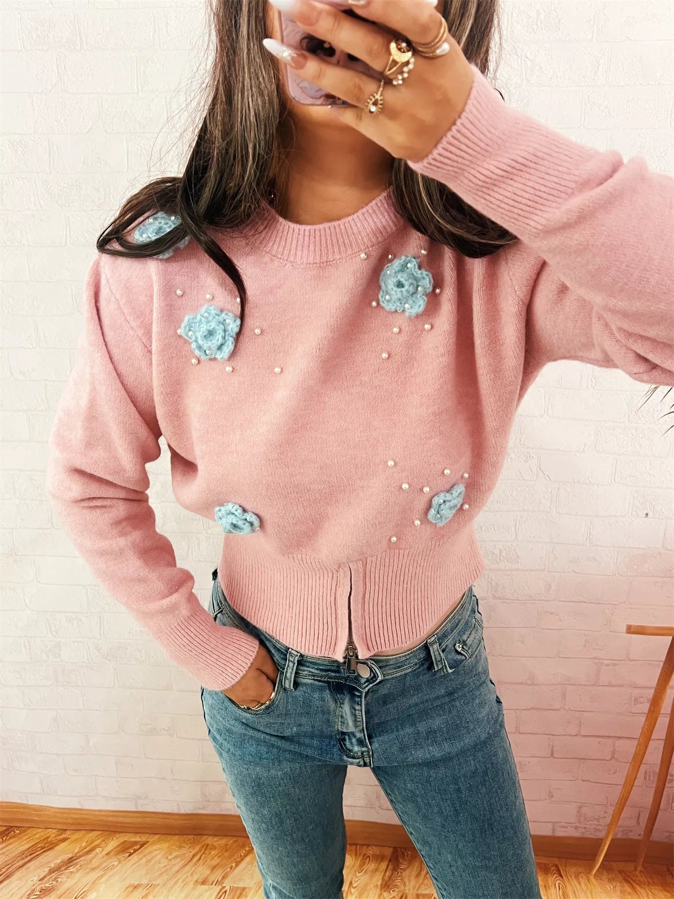 Flower Pearl Detail Ribbed Hem Sweater OutfitFlow