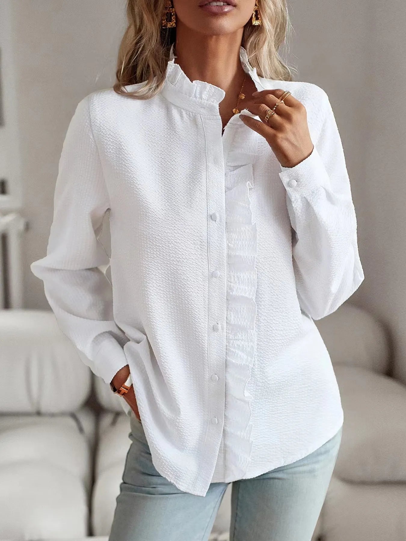 Striped Ruffle Detail Button-Up Blouse OutfitFlow