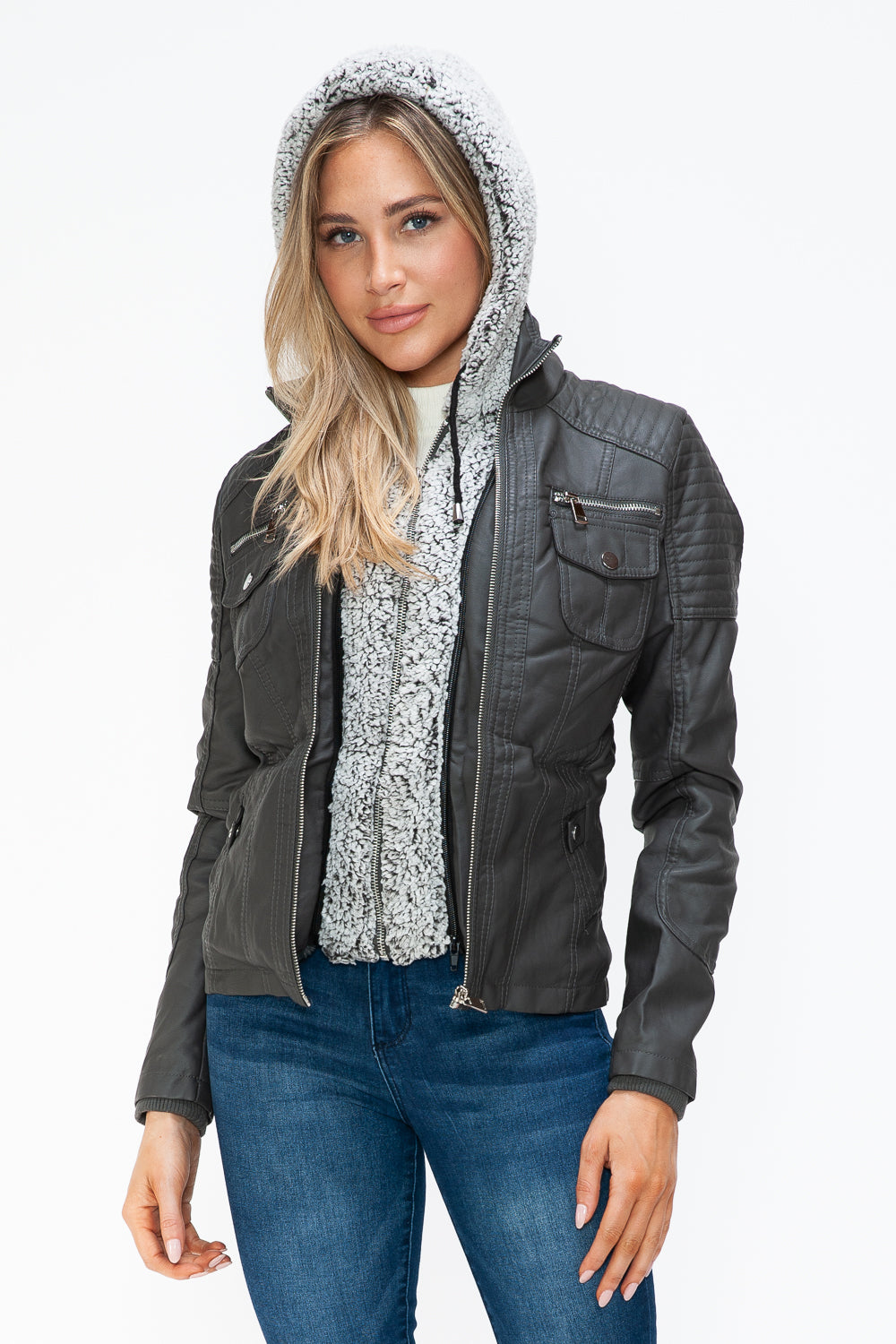 Outfit Flow - YMI Removable Faux Layered Multi-Pocket Jacket with Fuzzy Hood